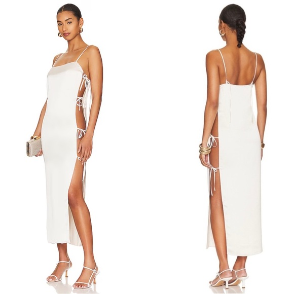 L’Acadamie Anor High Shine Side Tie Satin Slip Midi Dress in Creme Medium NWOT - Picture 1 of 10